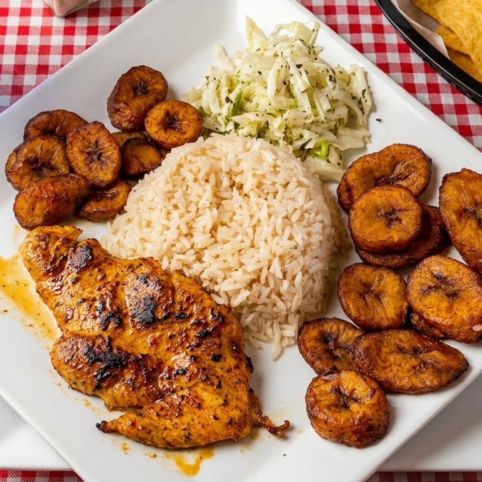 Grilled chicken, rice, fried plantains, and coleslaw on a white plate with a checkered tablecloth.