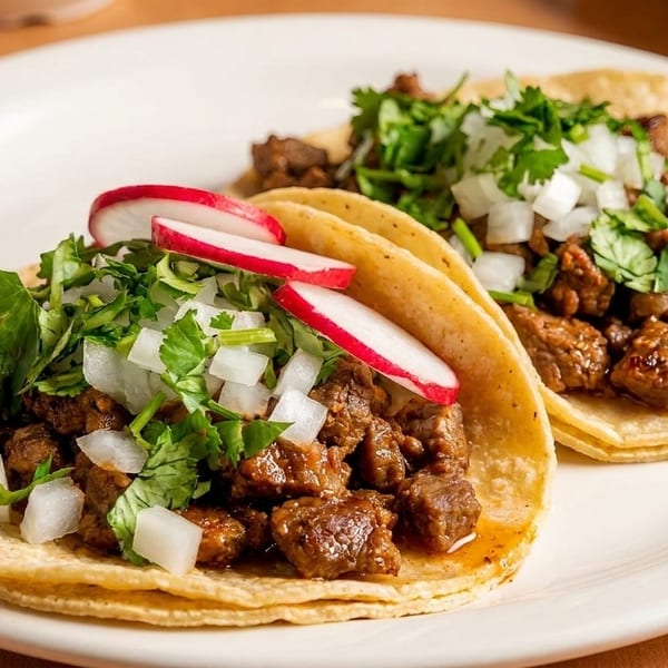 Two beef tacos topped with cilantro, diced onions, and sliced radishes on a white plate.