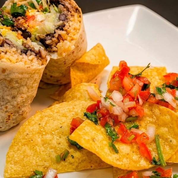 Large burrito and tortilla chips topped with fresh salsa on a white plate.