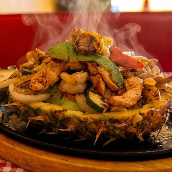 Steaming chicken and shrimp fajitas with vegetables served in a pineapple on a hot platter.